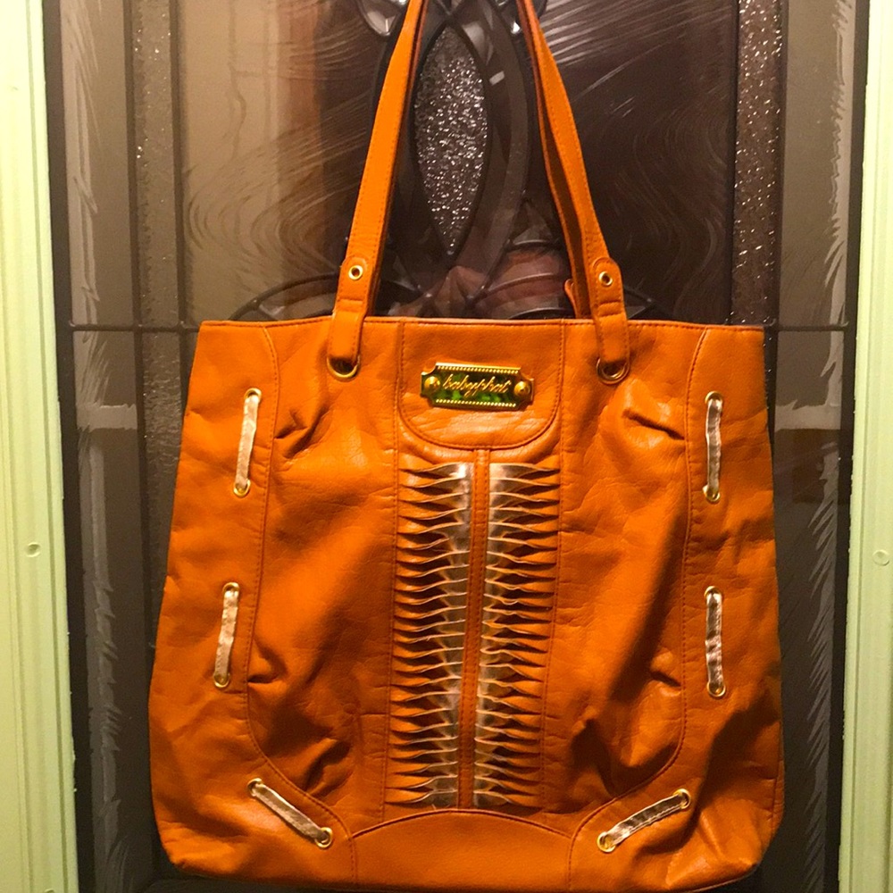Babyphat large warm tan shoulder bag/tote, gold tone plate, silver shiny accents